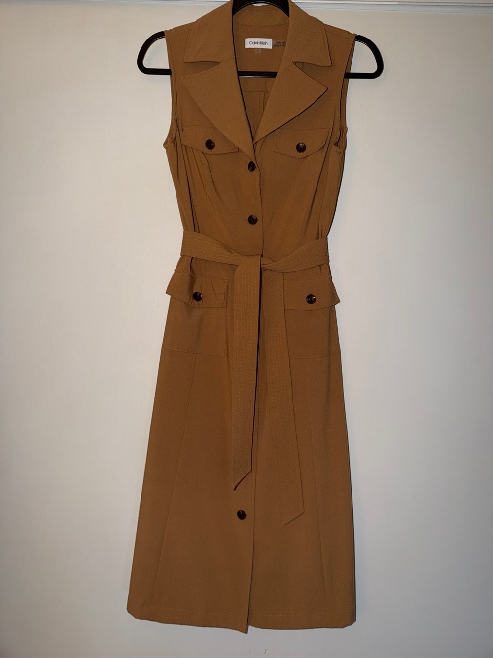 Calvin Klein Sleeveless Belted Midi Dress in Camel Brown